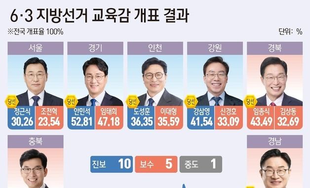 [그래픽] 6·3 지방선거 교육감 개표 결과