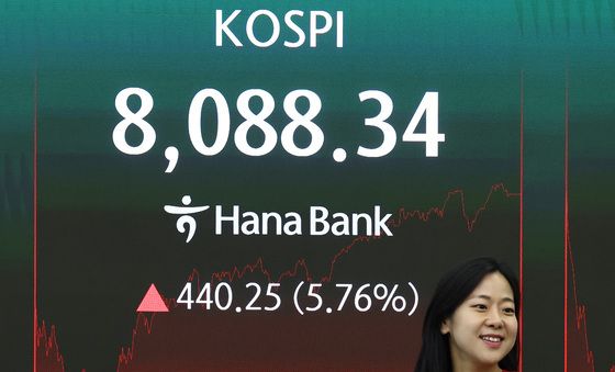 코스피 5%대 급등하며 8088.34 마감