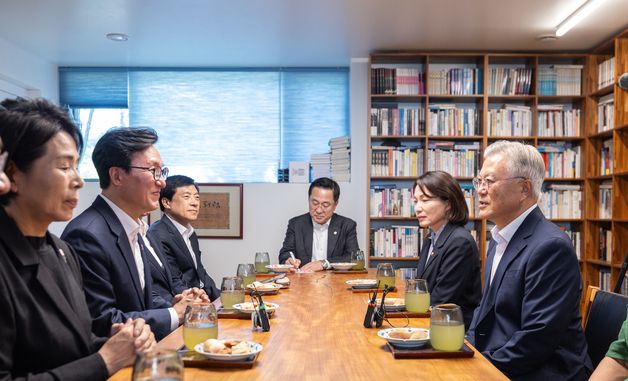 文 전 대통령과 대화 나누는 김민석 대표
