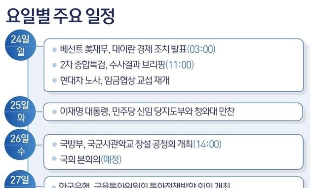 [그래픽] 요일별 주요 일정 (24일~29일)