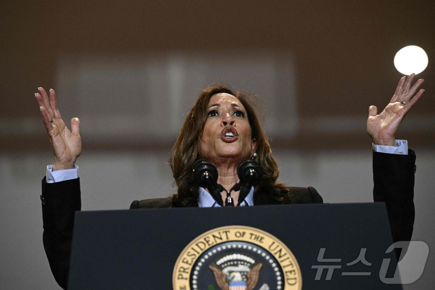미국 민주당 대선 후보인 카멀라 해리스 부통령이 2일 (현지시간) 펜실베이니아주 피츠버그에서 열린 선거 집회에 참석해 “일본제철이 미국 대표 철강회사 US스틸을 인수하는데 반대한다”고 밝히고 있다. 2024.09.03 ⓒ AFP=뉴스1 ⓒ News1 우동명 기자
