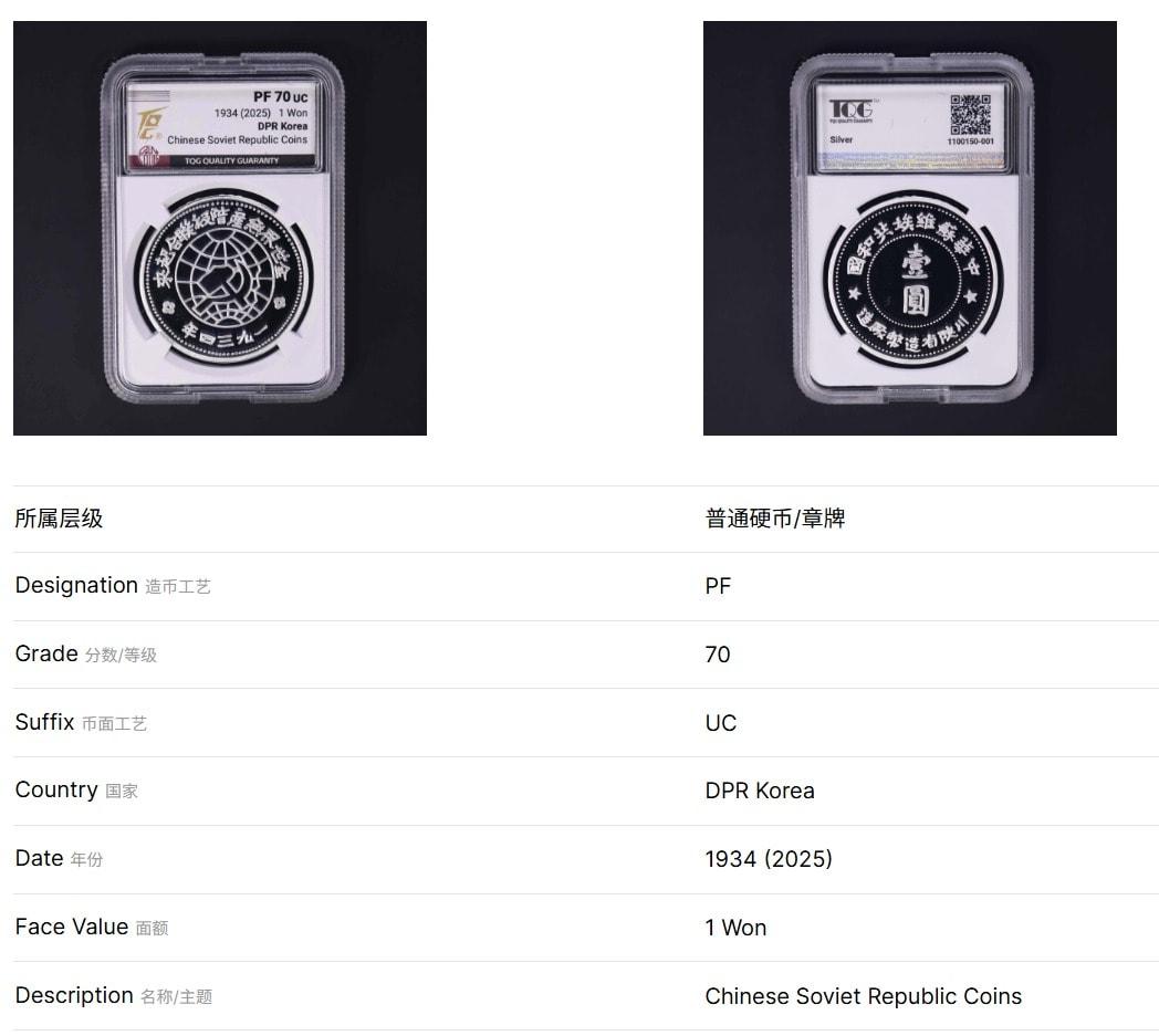 본문 이미지 - 북한중앙은행이 발행한 '중화소비에트공화국' 기념은화. (TQG 홈페이지 갈무리)