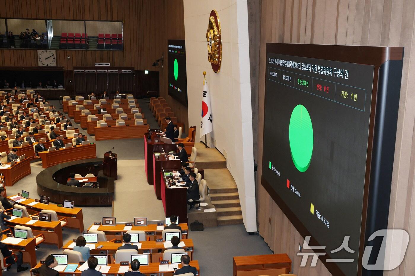 13일 오후 서울 여의도 국회 본회의장에서 열린 제423회 국회(임시회) 제1차 본회의에서 2025 아시아태평양경제협력체(APEC) 정상회의 지원 특별위원회 구성의 건이 가결되고 있다. 2025.3.13/뉴스1 ⓒ News1 이광호 기자