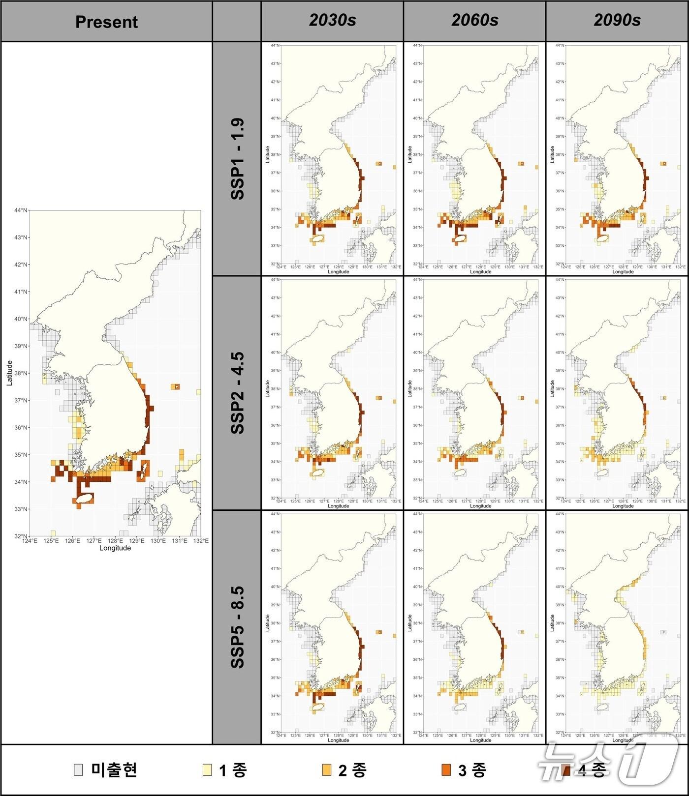 본문 이미지 - 기후변화 시나리오에 따른 모자반 종다양성 변화 예측 결과(한국해양과학기술원 제공)