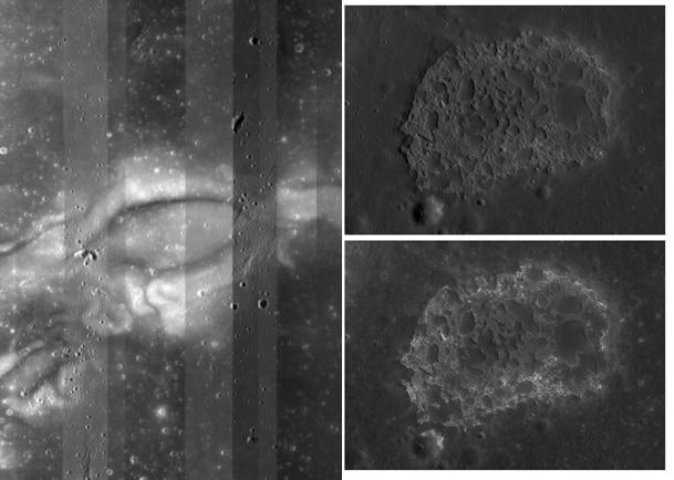 본문 이미지 - 다누리를 통해 찍은 달 자기이상지역 라이너감마(왼쪽), 달 표면 특이 지형 (Ina) 촬영 영상.(우주항공청 제공)
