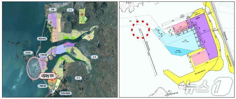 본문 이미지 - 새만금항 신항 방파제(연장) 축조공사 위치 및 계획평면도(해양수산부 제공)