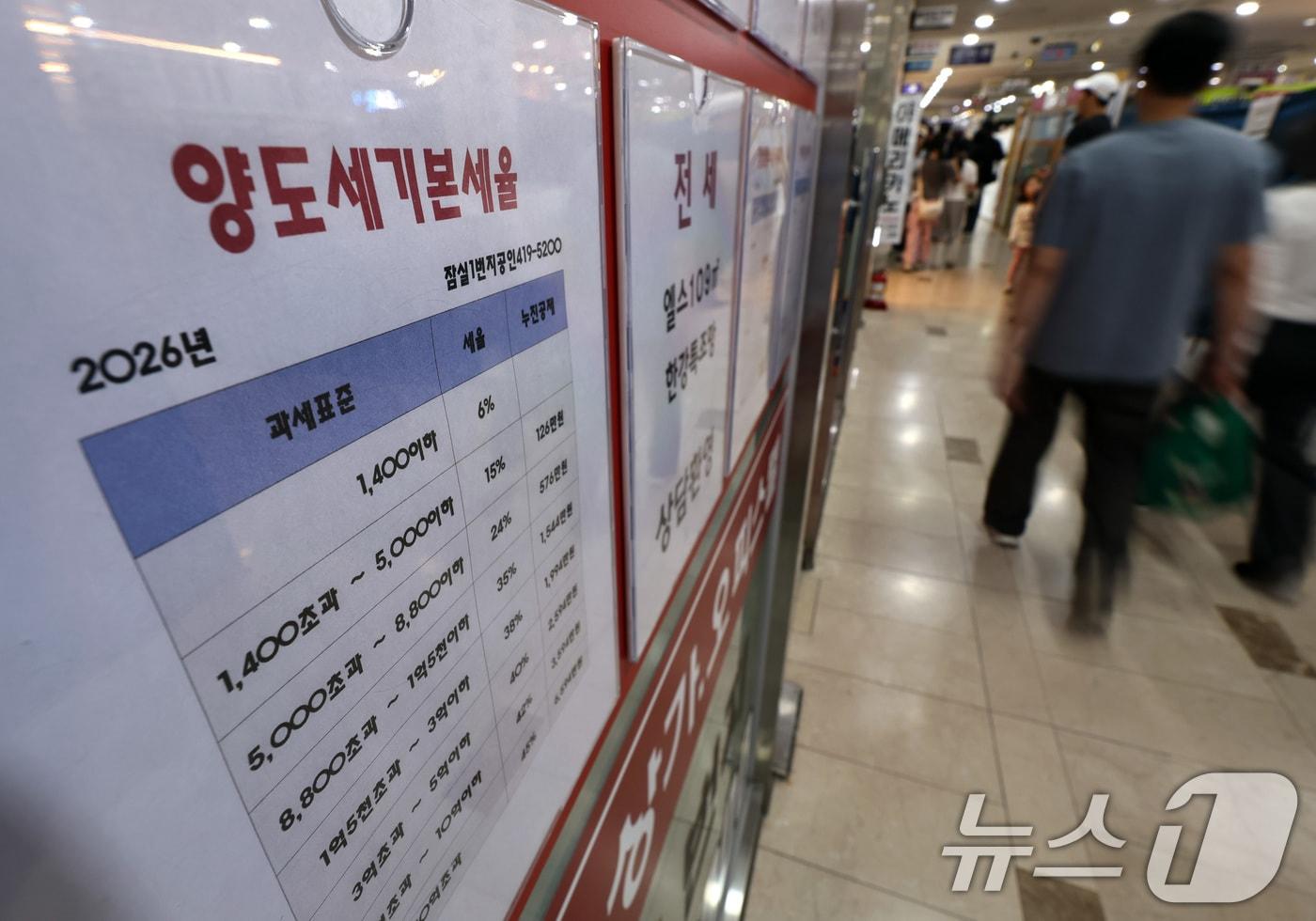 본문 이미지 - 양도세 중과 유예조치가 끝나고 다주택자에 대한 중과세가 다시 적용되기 시작한 10일 서울 송파구의 한 부동산 중계업소에 기본세율을 정리한 표가 붙어 있다. 2026.5.10 ⓒ 뉴스1 구윤성 기자