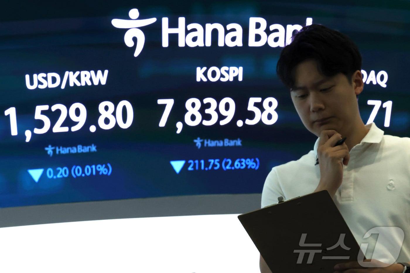 본문 이미지 - 7일 오전 서울 중구 하나은행 딜링룸 전광판에 코스피와 원·달러 환율이 표시되고 있다.2026.7.7 ⓒ 뉴스1 이종수 기자